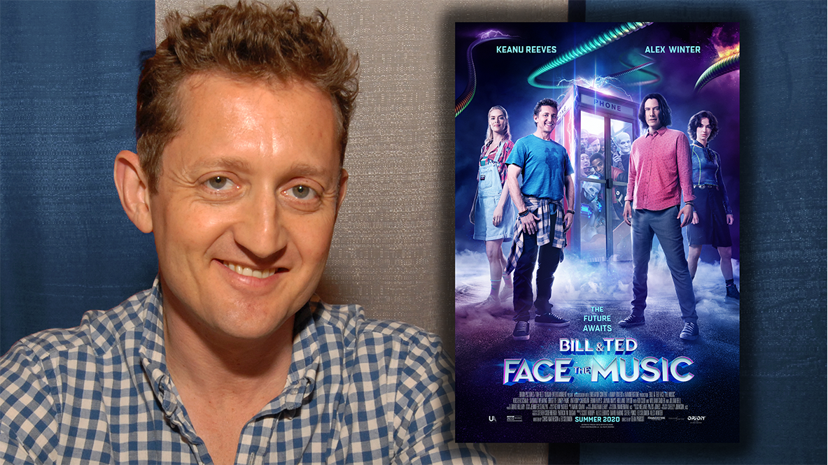Alex Winter headshot with Bill & Ted Face the Music Poster