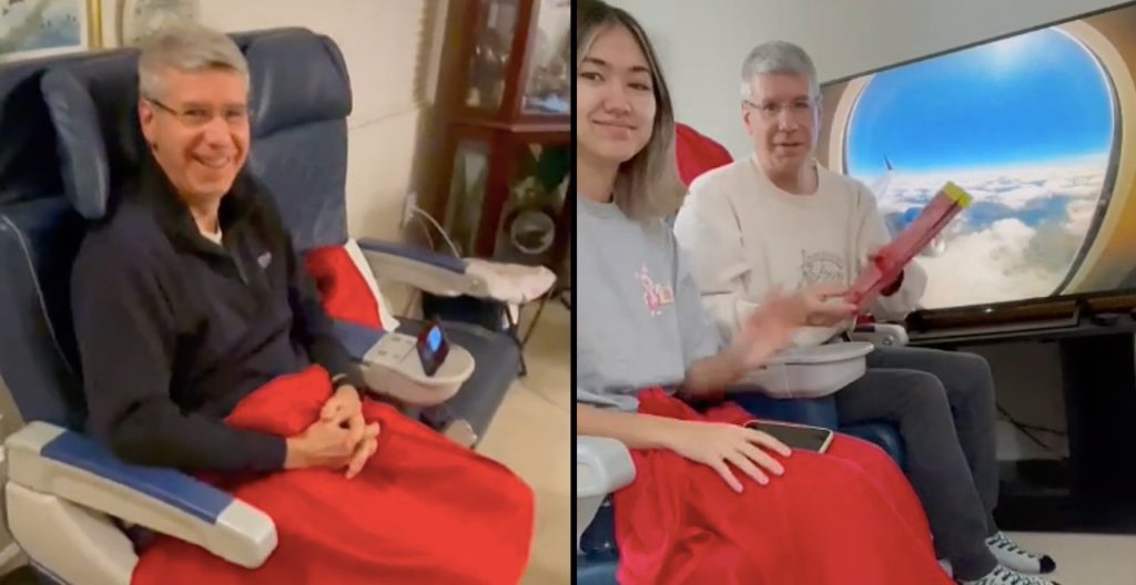 Dad installs first class Delta seats in living room