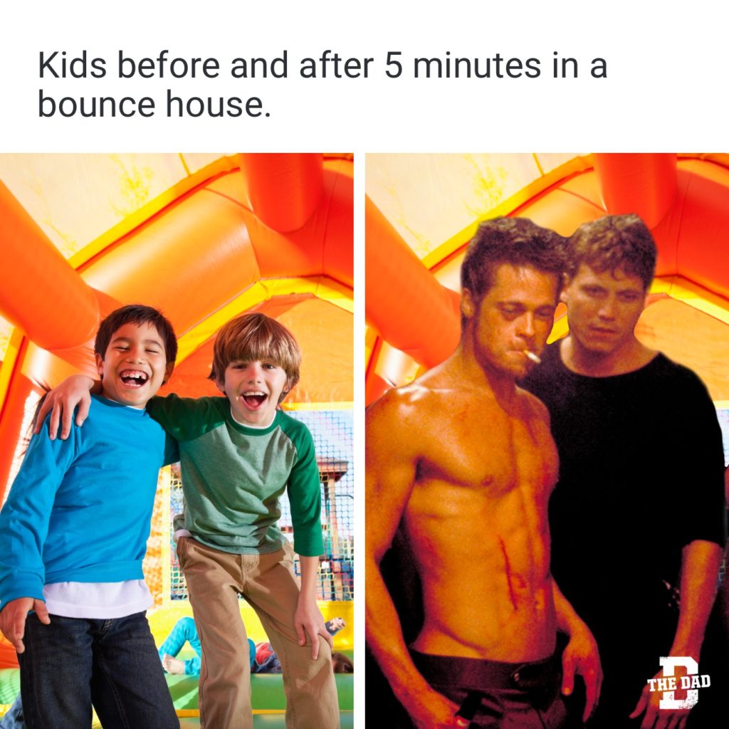 Bounce house Fight Club meme: Kids before and after 5 minutes in a bounce house.