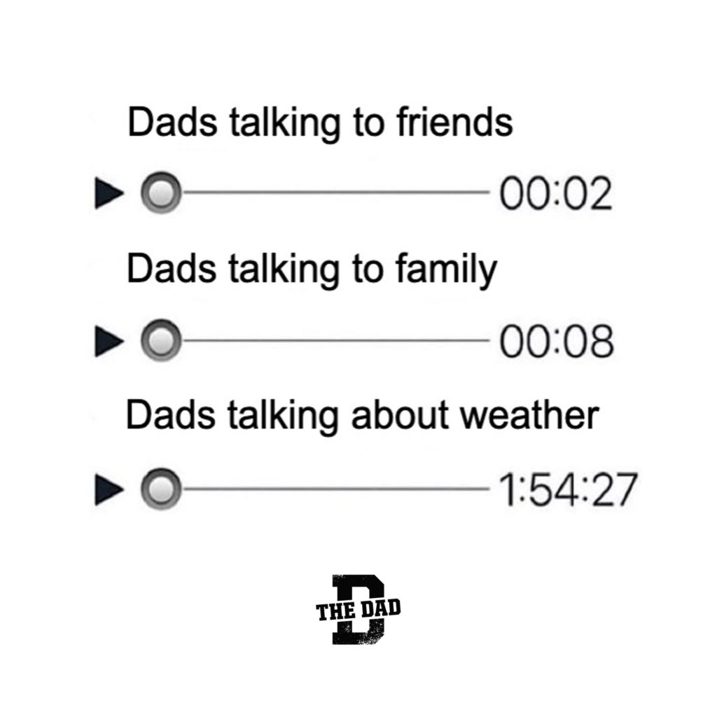 Dads talking to friends (00:02). Dads talking to family (00:08). Dads talking about weather (1:54:27). Nature, meme, hobby