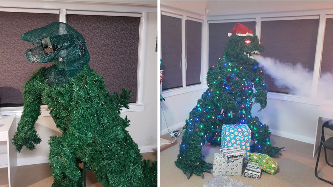 Dad’s DIY Smoke-Breathing Godzilla Christmas Tree Is Terrifyingly Cool