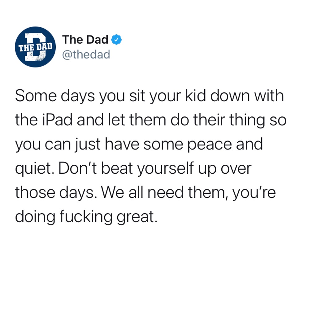Some days you sit your kid down with the iPad and let them do their thing so you can just have some peace and quiet. Don't beat yourself up over those days. We all need them, you're doing fucking great. Tweet, encouraging, honest
