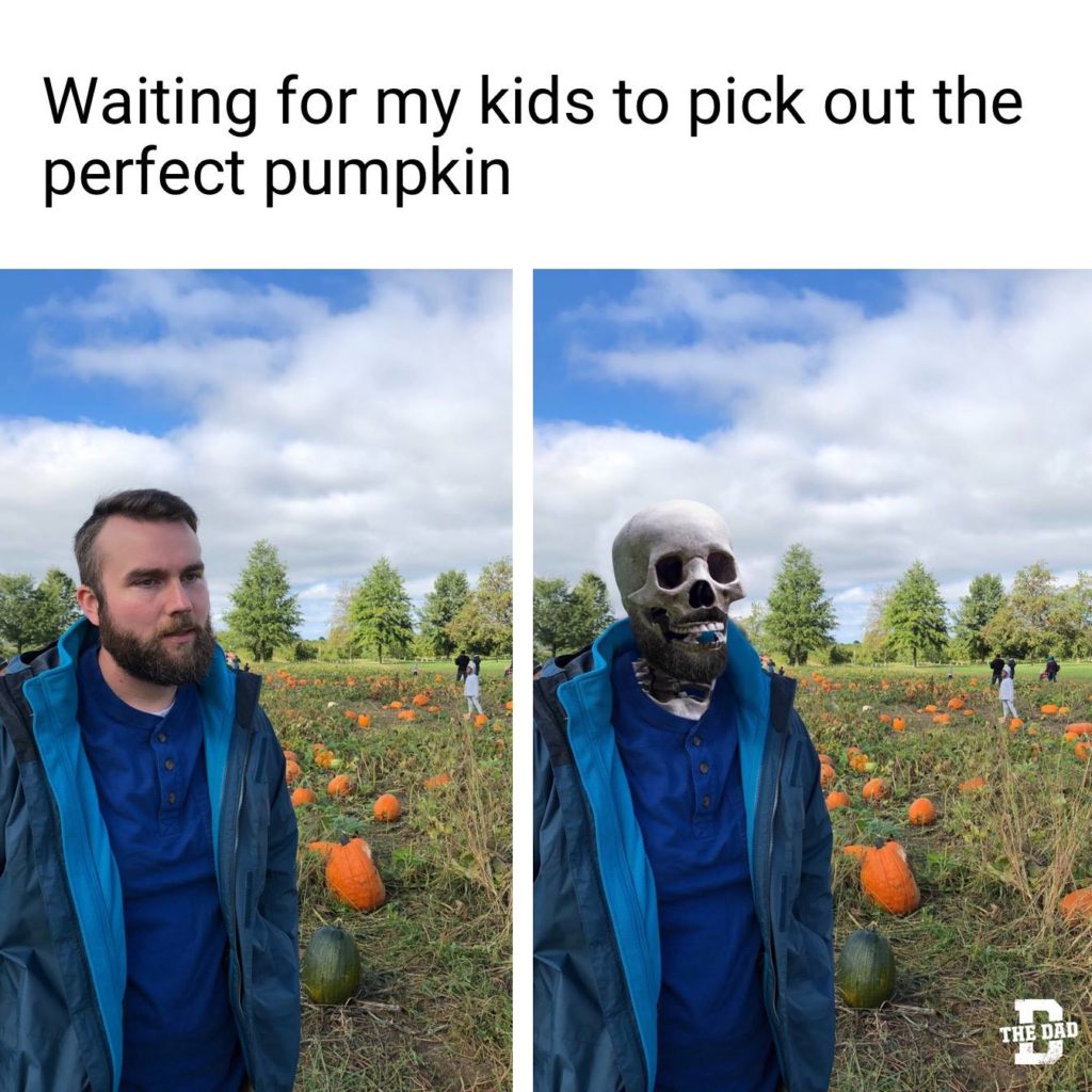 Waiting for my kids to pick out the perfect pumpkin. (Turns to skeleton). Meme, fall, Halloween